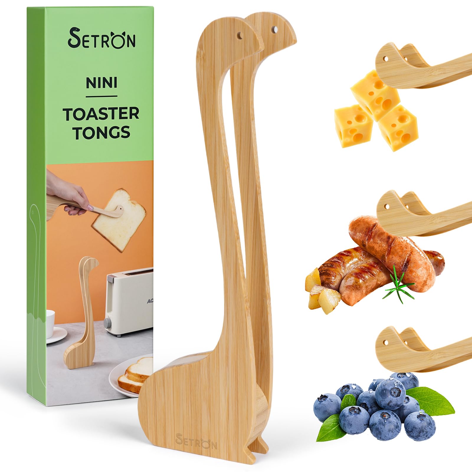 Bamboo Functional Toast Tongs – 10” Toaster Tongs for Bread Bagels, Heat-Resistant Bamboo Kitchen Tongs with Anti-Slip Grip, Cute Design for Cooking & Serving (Animal Model Design)