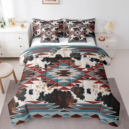 Erosebridal Western Aztec 7 Pcs Comforter Set King Size Cow Print Bedding for Ki