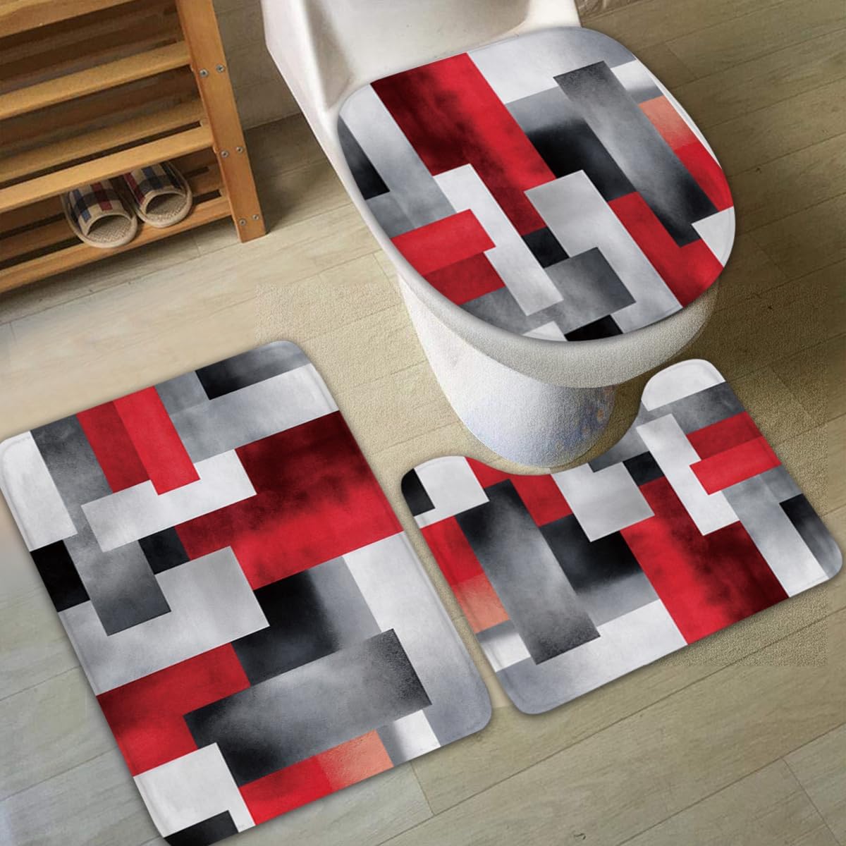 Riyidecor 4PCs Black Red Shower Curtain Bathroom Set with Non-Slip Rugs, Toilet Lid Cover and Bath Mat Abstract Minimalist Geometric Waterproof 12 Pack Hooks 72x72 inch Neutral Shower Curtain Decor