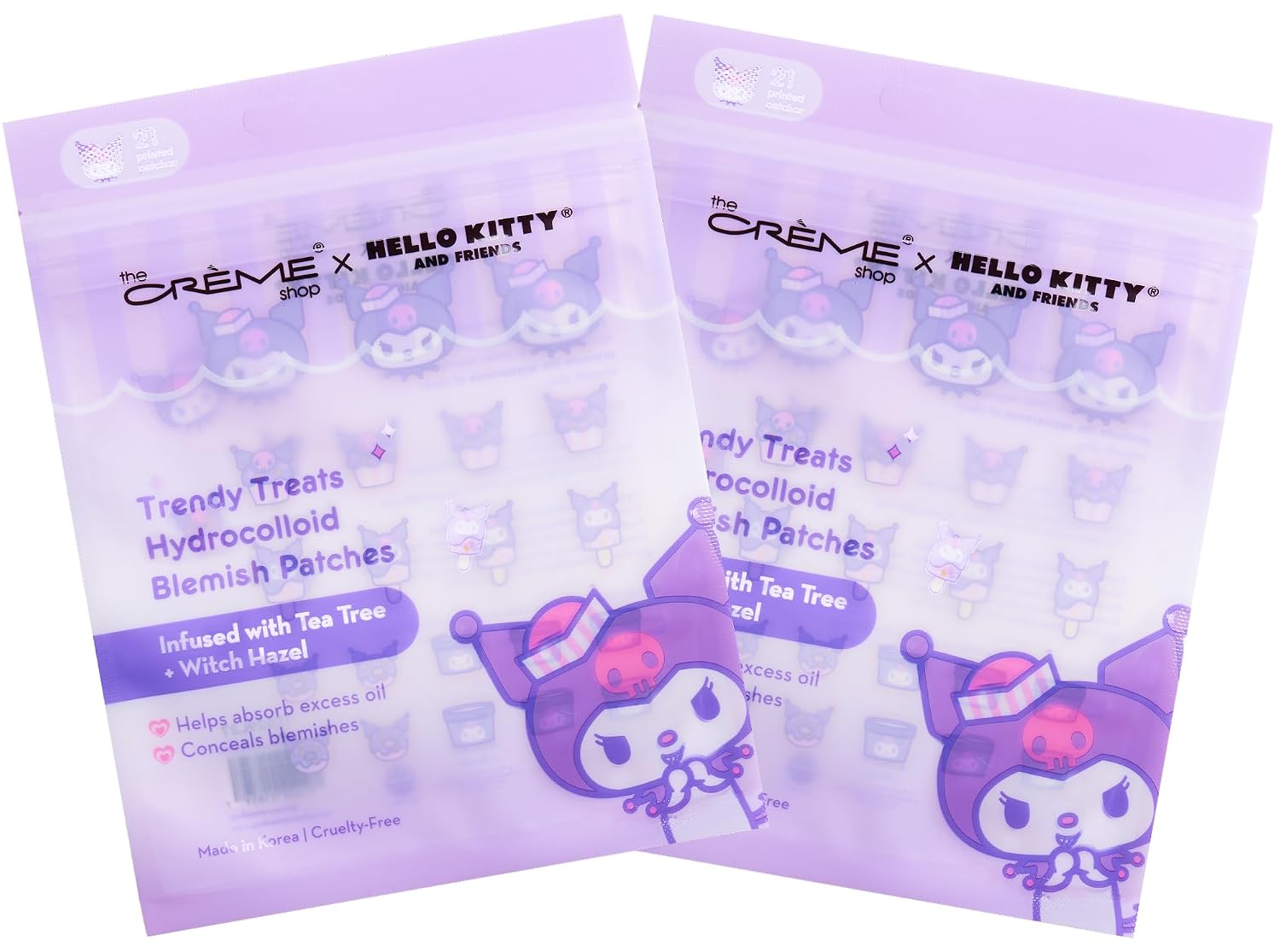 The Crème Shop x Kuromi Trendy Treats Korean Hydrocolloid Blemish Patches, 21 Printed Acne Pimple Patches with Tea Tree and Witch Hazel to Help Conceal Blemishes and Absorb Excess Oil- Pack of 2