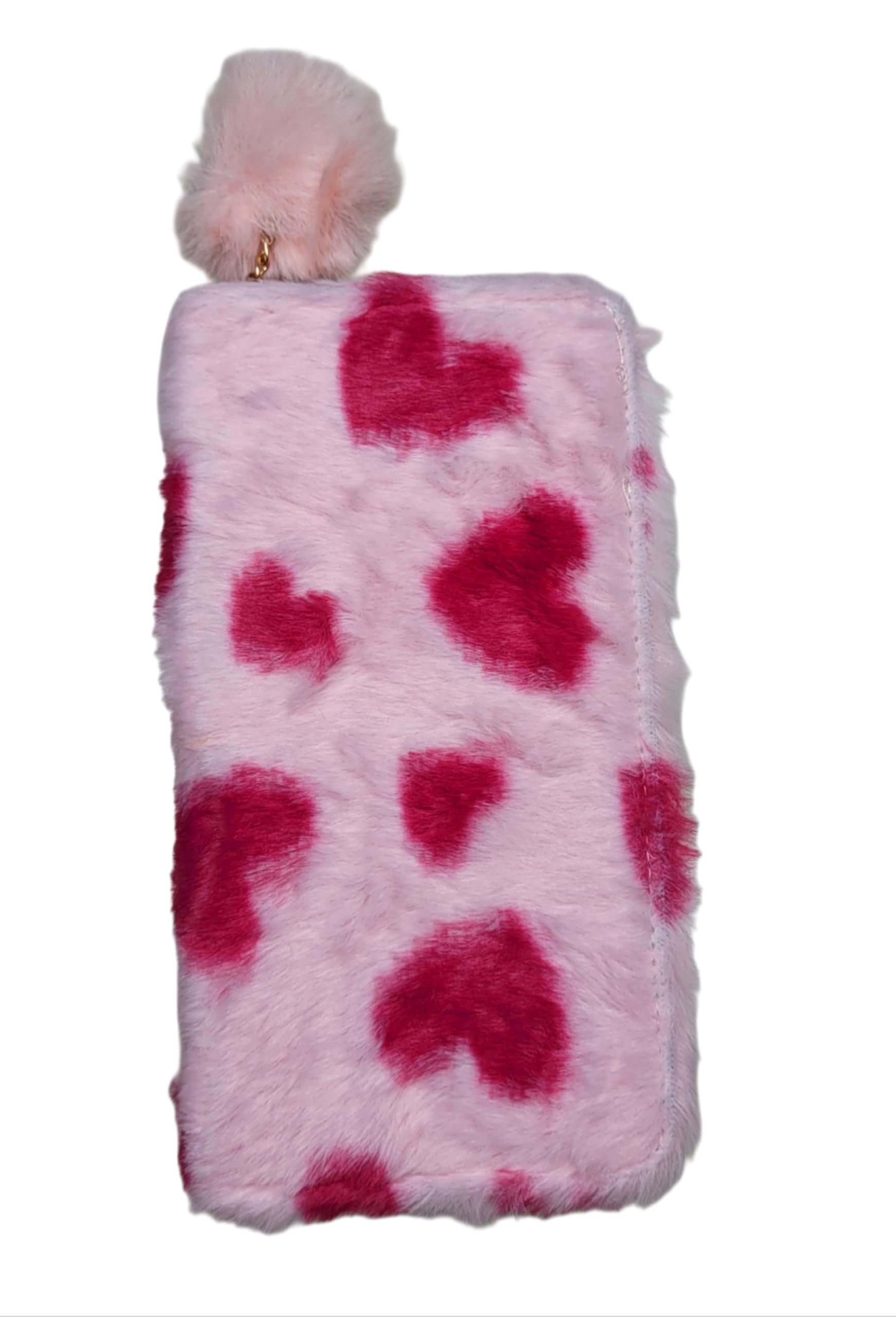 Plush Faux Fur Heart Pouch Pink Pom-Pom Zipper Wallet 8x4 in-image-19