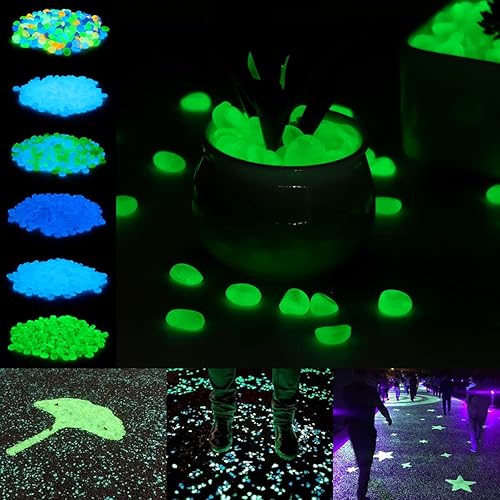 Miniatura 7 de 300 piedras decorativas que brillan en la oscuridad, piedras de jardín, piedras luminosas, rocas que brillan con luz y energía solar para decoración