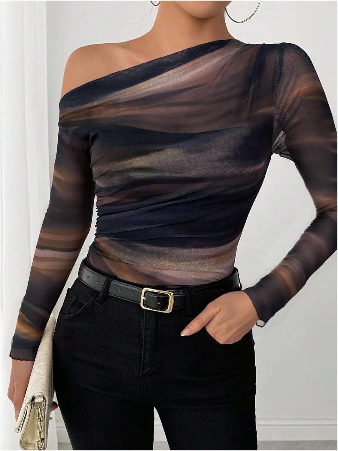 GORGLITTER Women's Tie Dye Off The Shoulder Top Mesh Long Sleeve Shirts Ruched Asymmetrical Y2k Fall Trendy Tshirt