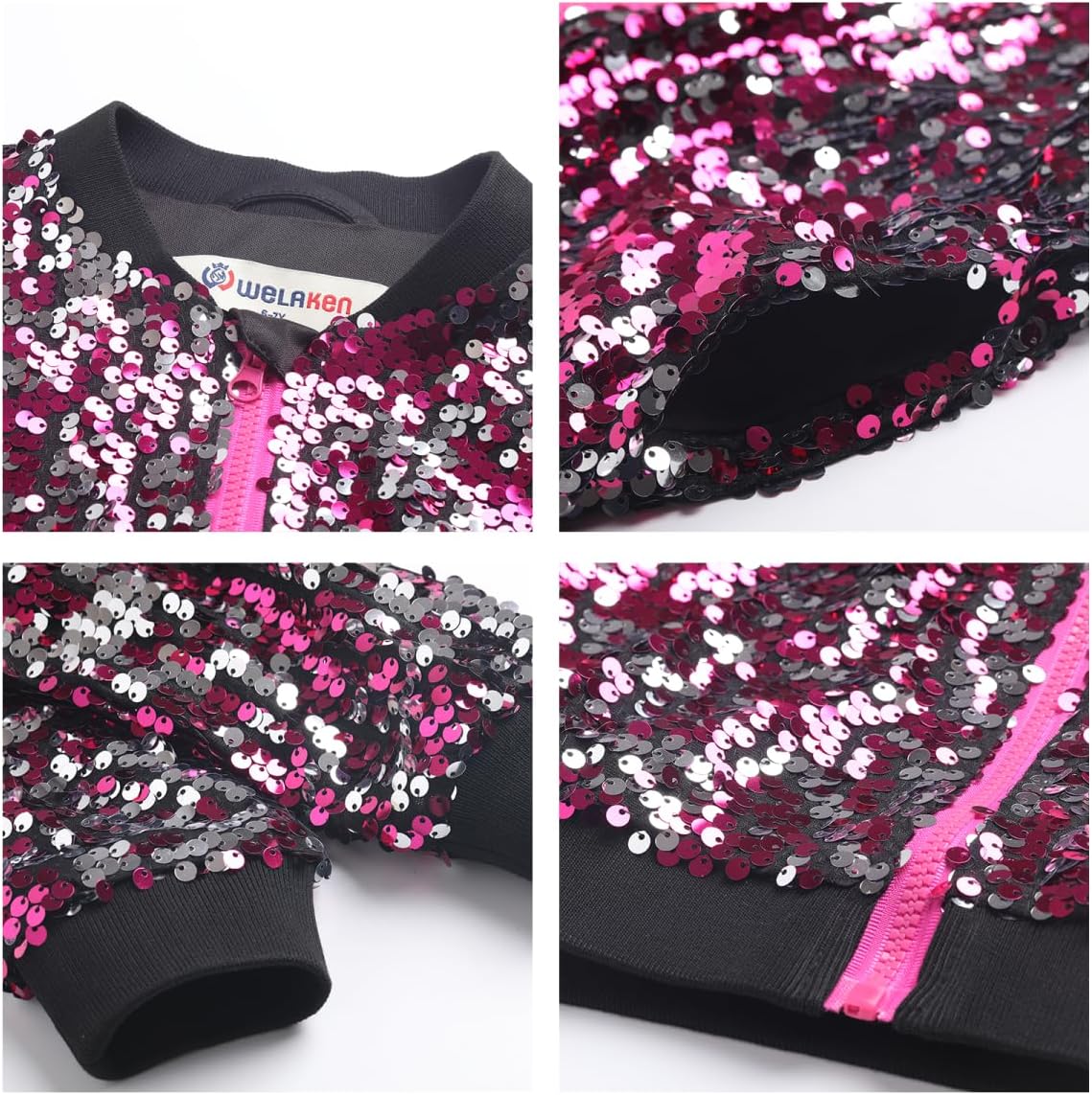 Girls' Ombre Sequin Bomber Jacket with Pockets Lightweight Sparkle Long Sleeve Zipper Gradient Jackets for Kid - Image 3