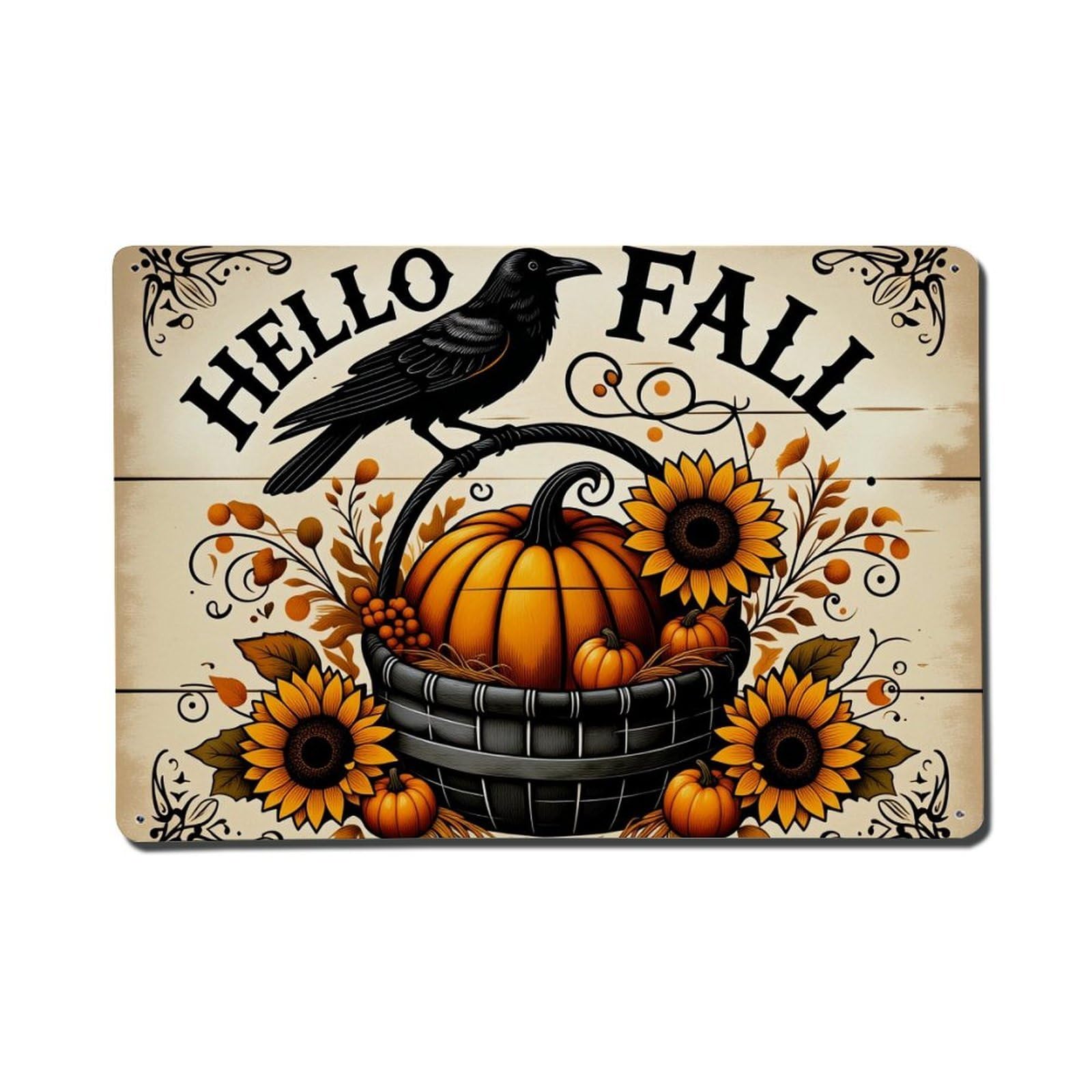 Enderetf Vintage Hello Fall Pumpkin Sunflower Crow Tin Sign Metal Poster, Home Bar Garage Man Cave Cafe Indoor & Outdoor Wall Decoration 8X12inches