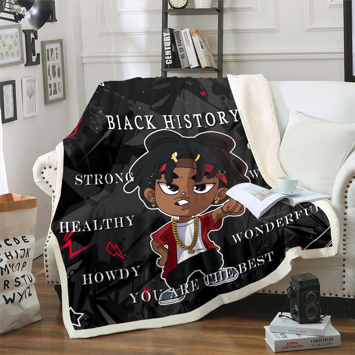Erosebridal Black History Fuzzy Blanket African Black Boy Throw Blanket for Teen Boys Graffiti Hip-Hop Style Fleece Blanket Twin Size, Afro Black History Blanket for Sofa Bedroom