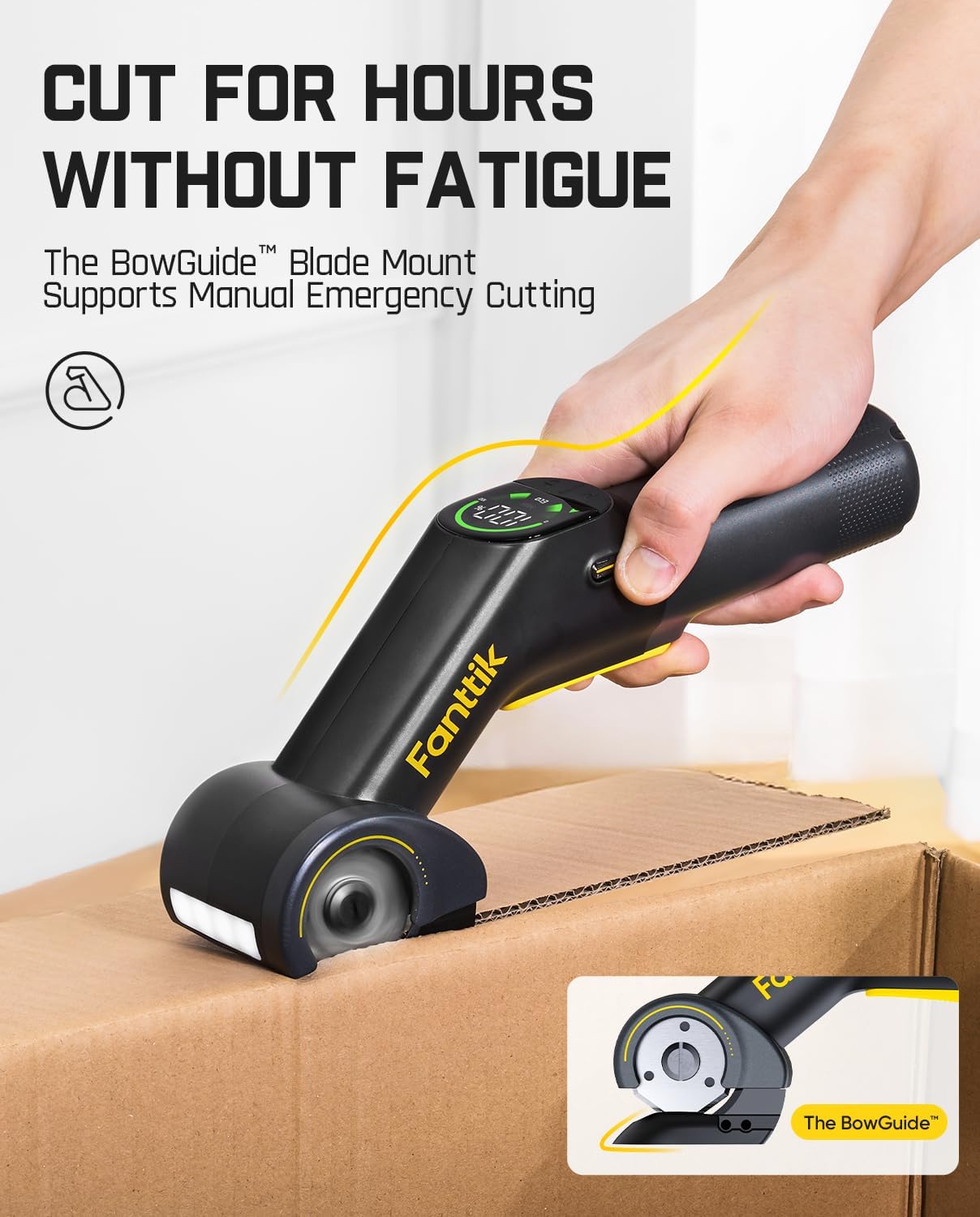 Fanttik C10 Pro BowGuide Electric Cardboard Cutter, Cordless Scissors with LED Display, 2-Speed Adjustable, Rechargeable Powerful Rotary Box Cutter with 2 Blades for Fabric, Carpet, Leather, Cardboard