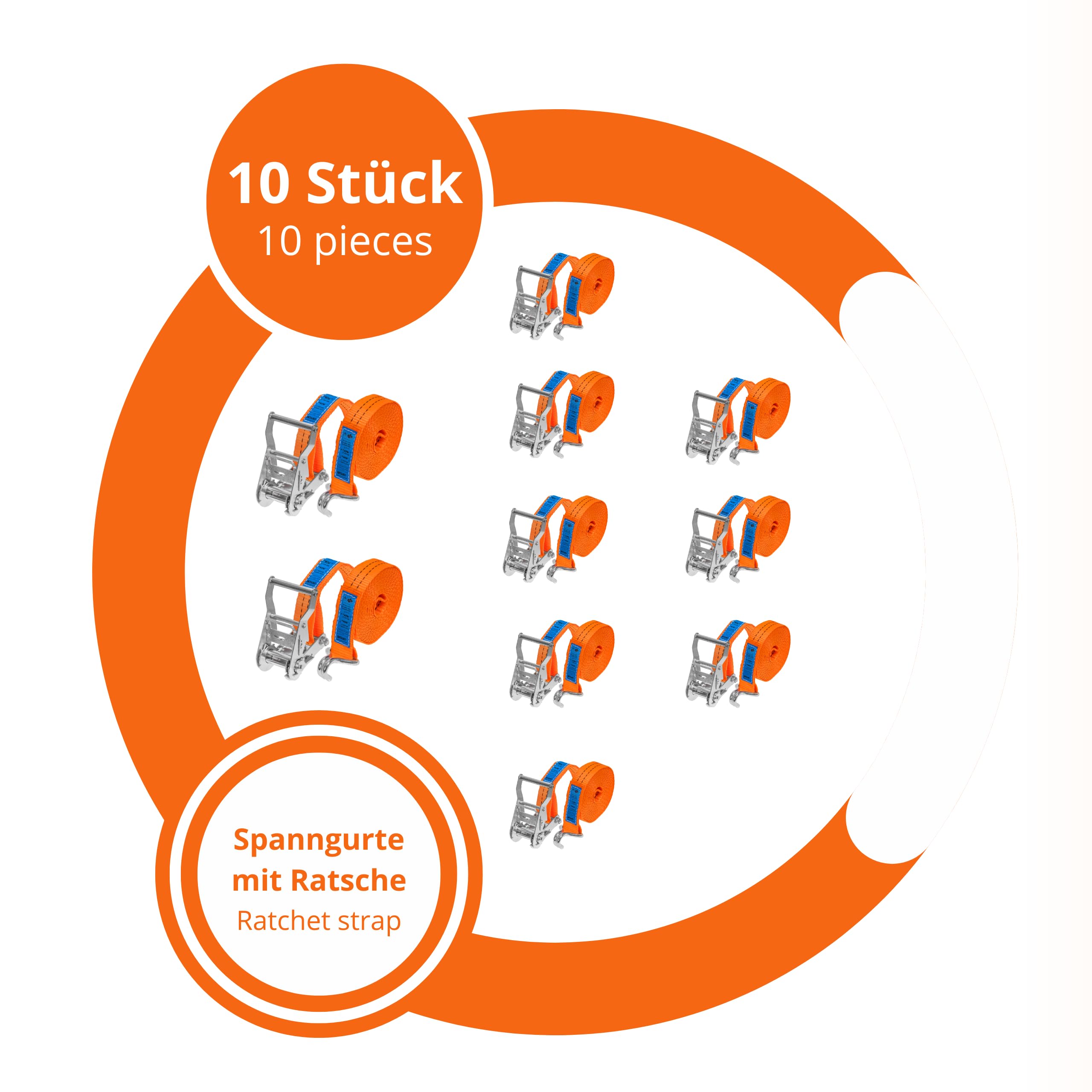 10 Stück Spanngurte mit Ratsche und Haken - 4m / 6m - 2000kg 35mm - Ratschen Set - Ratschengurt 2-Teilig - Zurrgurt Orange - TÜV GS Geprüft und gemäß DIN EN 12195-2 (Orange, 6 m (10 Stück))