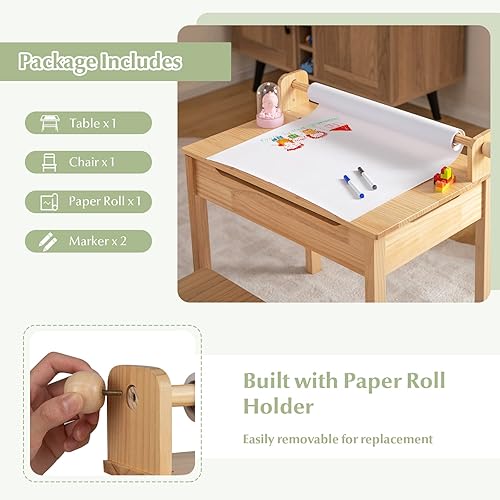 Miniatura 14 de HONEY JOY Juego de mesa y silla para niños, escritorio y silla de madera con cajón, soporte para rollo de papel y 2 rotuladores, juego de mesa de