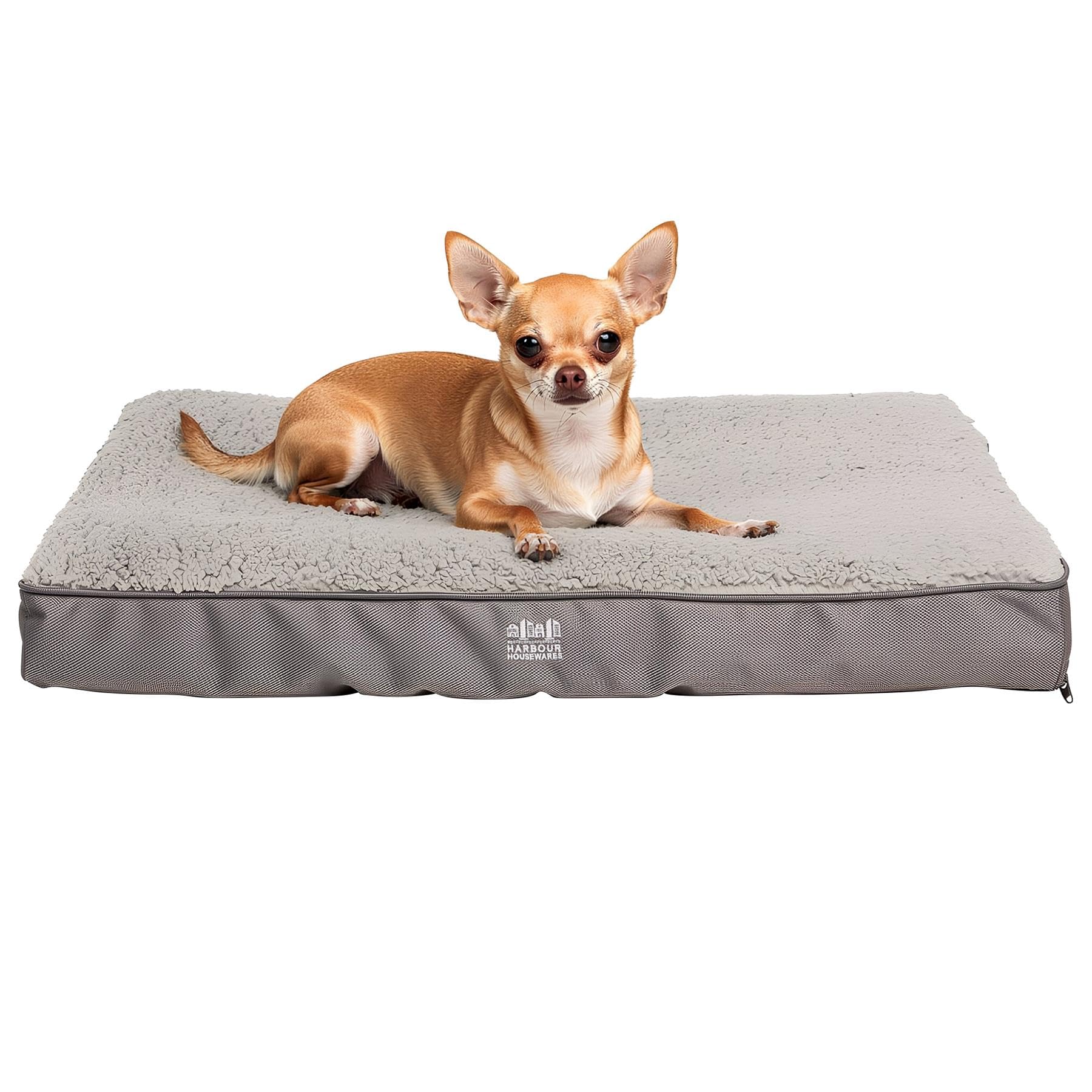 Harbour Housewares Small Waterproof Dog Bed – Grey – Orthopaedic Egg Crate Foam Mattress, Sherpa Cover, Non-Slip Base, Washable, Joint Support, Comfortable Cozy Pet Bed
