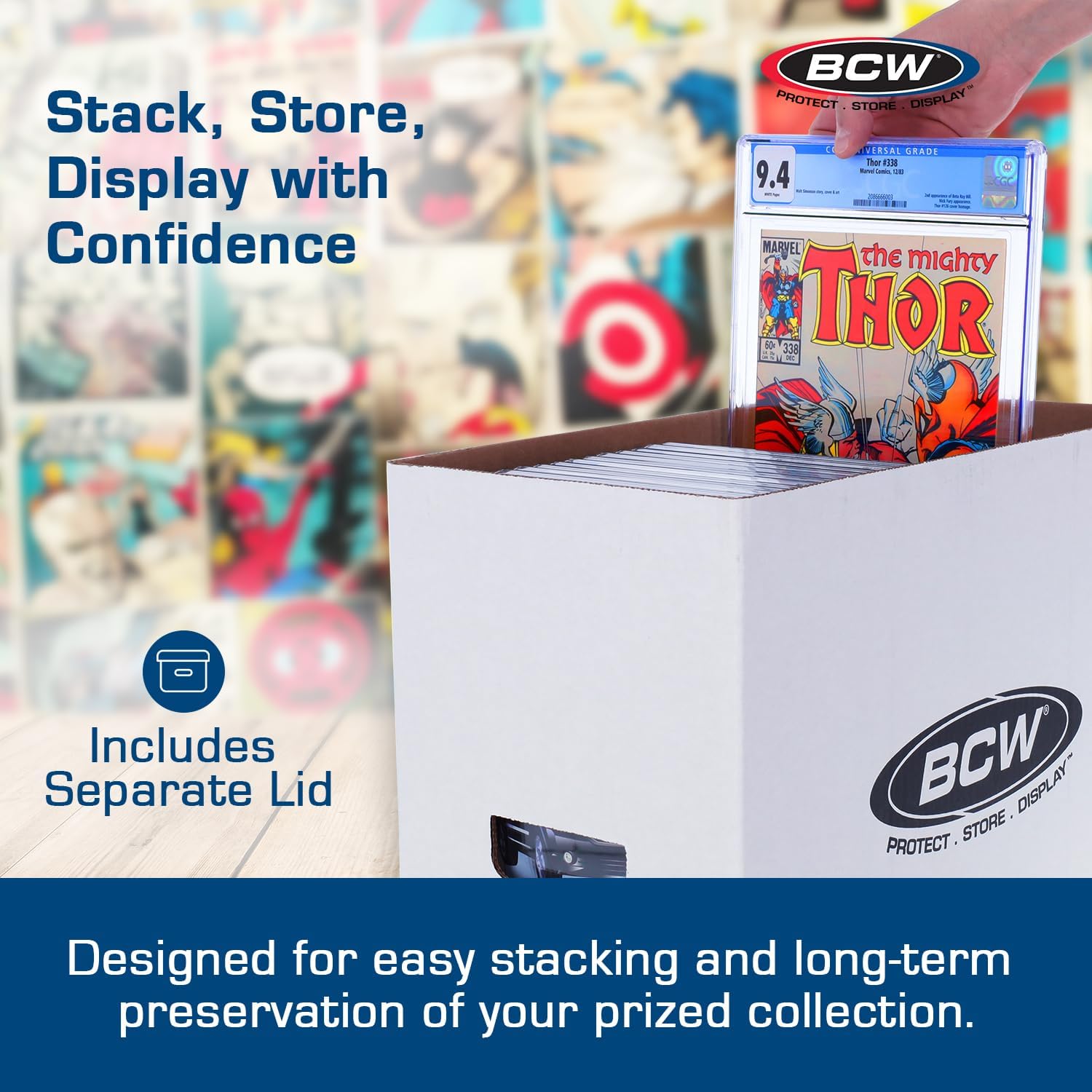 BCW Graded Comic Book Storage Box - 10 Pack | Durable White Corrugated Paper | Fits CGC Comics, Holds 35-40 Graded Comic Books | Double Thickness Handles & Reinforced Bottom