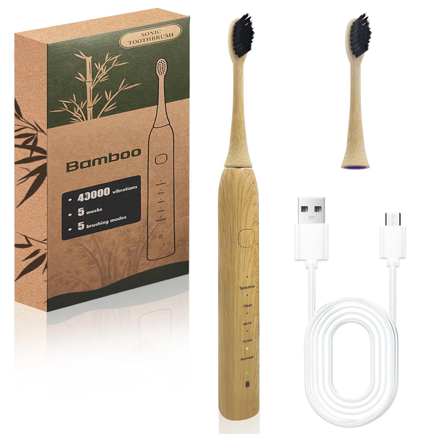 Bamboo Electric Toothbrush 5 Cleaning Modes Sonic Toothbrush-Newly Upgraded IPX7 Waterproof Rechargeable Electric Toothbrush Replaceable Bamboo Brush