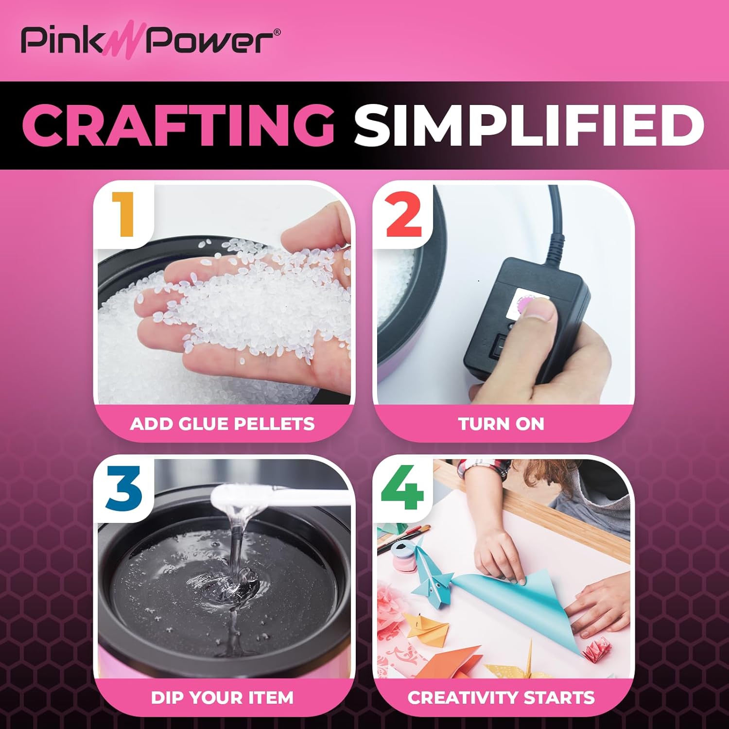 Pink Power Electric Hot Glue Pot for Crafts with Adjustable Temp 225-400 F - 160ml Hot Glue Gun Skillet for Crafting - Mini Electric Skillet