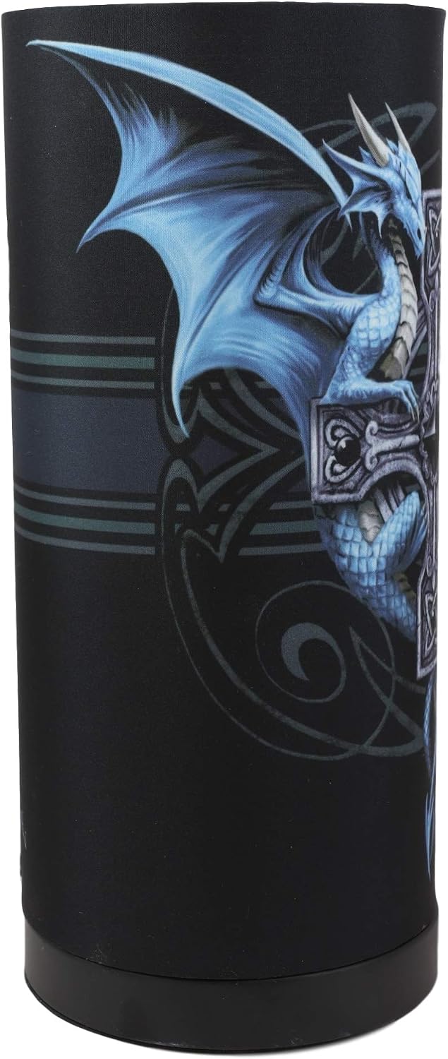 Ebros Gift 11" Tall Anne Stokes Gothic Blue Dragon Duo Celtic Cross Table Column Shade Lamp Desktop Countertop Lighting Accent Decorative Light
