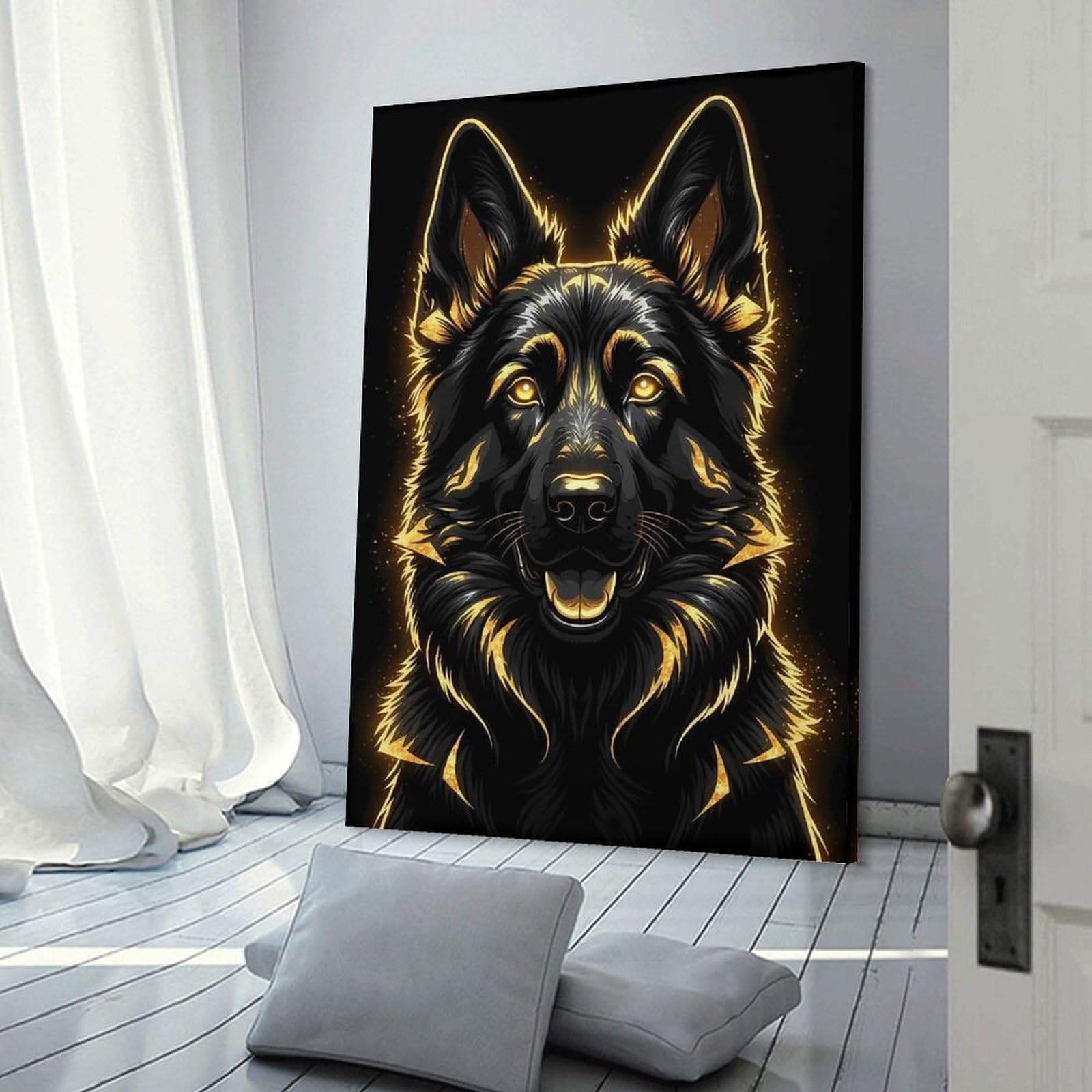 Junmoney Frame-Style-13 Decorative Wall Artwork Golden German Shepherd Portrait On Black, 20X30inch(50X75cm), For New Homes, Bedrooms Or Workspaces, Canvas Artwork With Gifting Potential