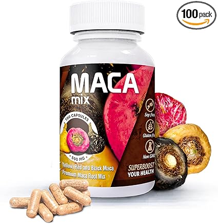 Organic Maca Root Capsules l Black, Red & Yellow Maca maca Pills l 1500 mg per Serving l Supports Reproductive Health l Natural Energizer and Mood Support Supplement for Men and Women l
