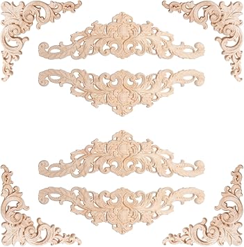 8 Pcs Wood Carved Mouldings Decorative Wooden Appliques and Corner Onlays