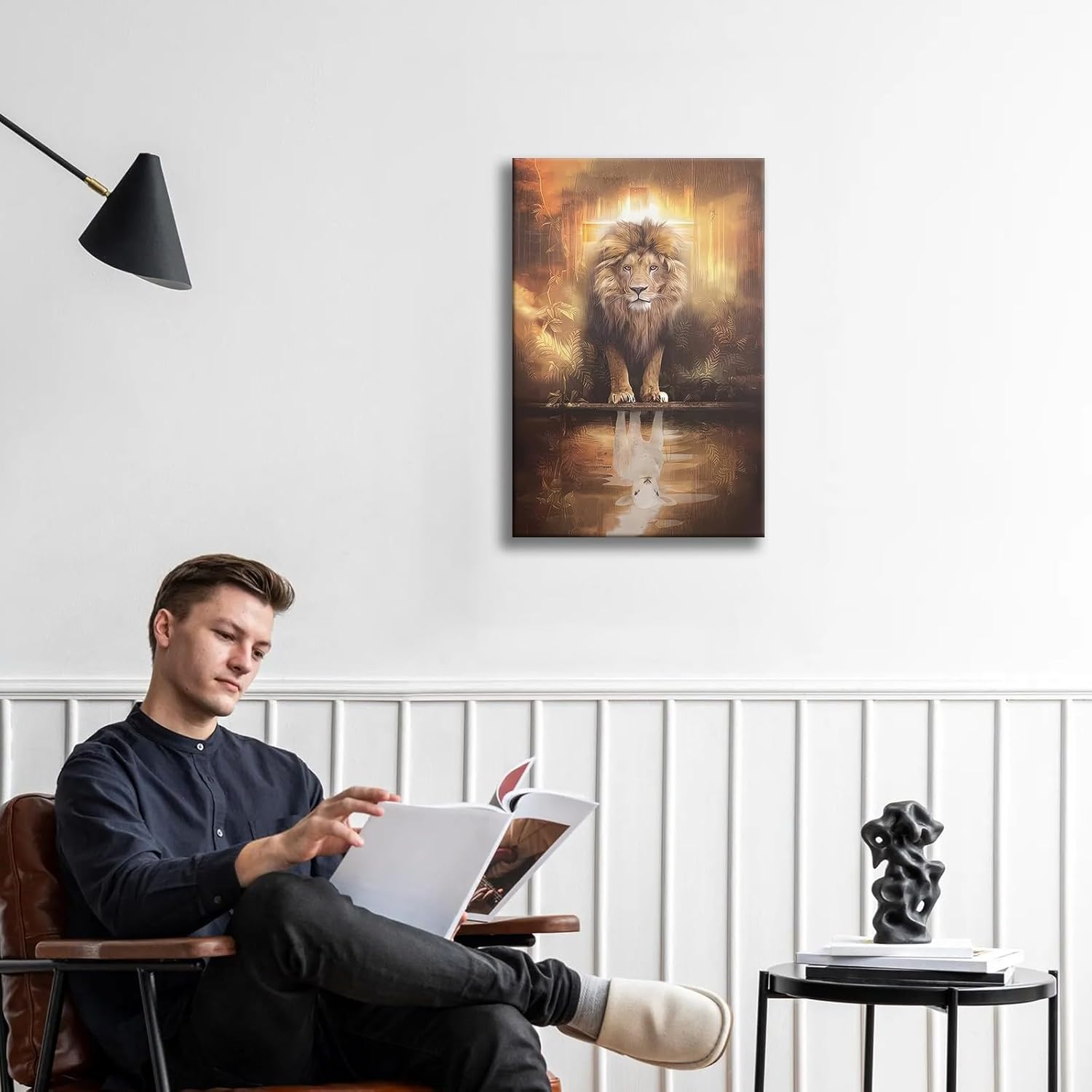 Framed Animal Print Majestic Lion Canvas Wall Art Spiritual Jungle Poster Inspirational Christian Painting Nature Wildlife Gallery Wrap Print for Home Decor 12x16 Inch Ready to Hang