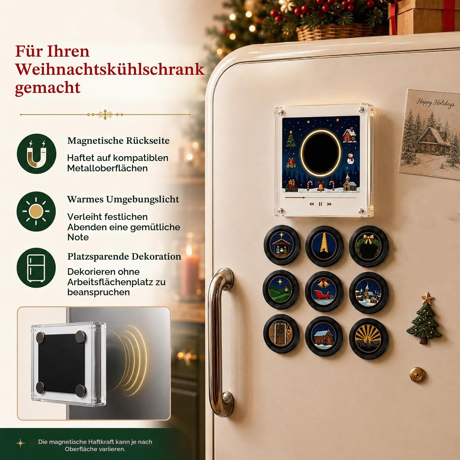 Magnetische Kühlschrank-Vinyl-Spieluhr Weihnachten, 9 Mini-Vinylscheiben