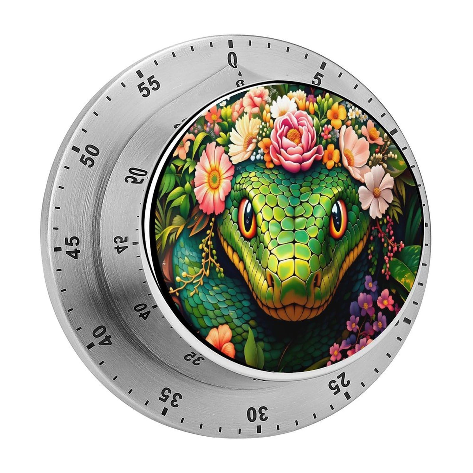 Green Snake and Floral 60 Minute Wind Up Timer,Visual Mechanical Magnetic Timer with Loud Alarm for Kitchen
