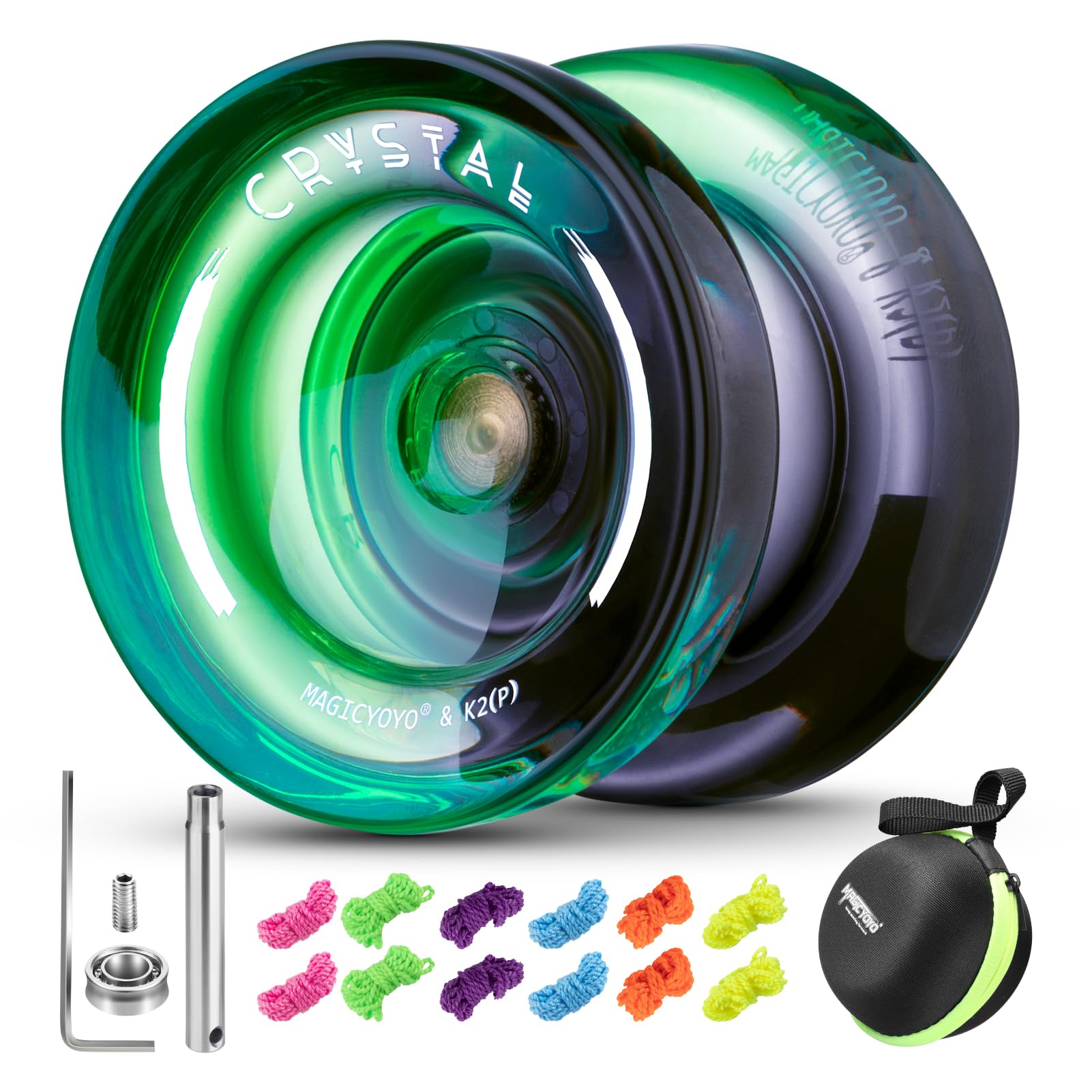Yoyo K2 Crystal - Professional Responsive Yoyo for Kids Beginners, Dual Function Yo Yo for Adults Advanced + Extra Unresponsive Bearing + 12 Yo-yo Strings + Storage Bag + Removal Tool ( Black Green)
