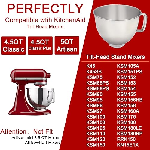 Miniatura 5 de adwrparts Kit de tazón mezclador de acero inoxidable de 5 cuartos de galón compatible con KitchenAid Artisan y Classic Series 4.5-5QT mezcladores de