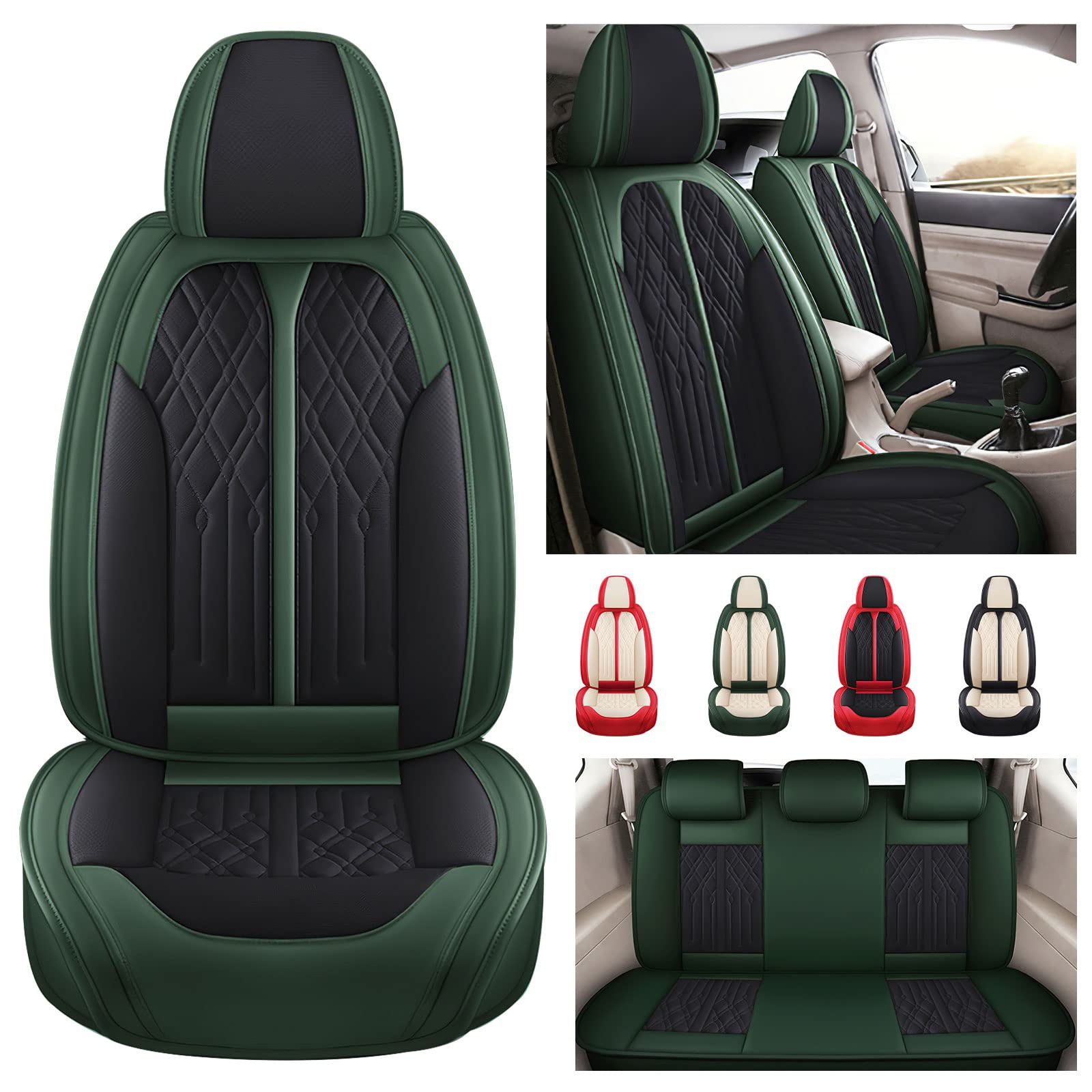 Car Seat Cover Fit for Honda Civic 2001-2022 5 Seats Waterproof Faux Leather Front ＆ Rear Seat Cover Accessories,Automotive Vehicle Auto Interior Covers(Black Green,Full Set)
