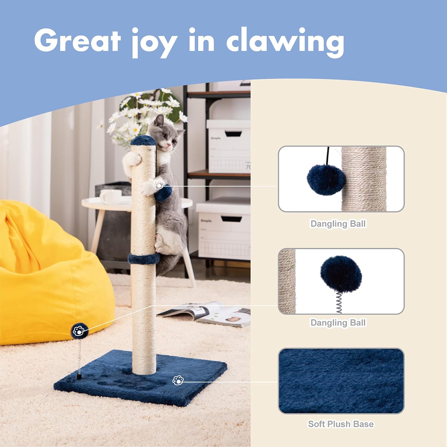 MECOOL 29" Tall Cat Scratching Post Premium Cat Scratcher Vertical Sisal Scratch Posts with Hanging Ball for Indoor Cats (Navy)