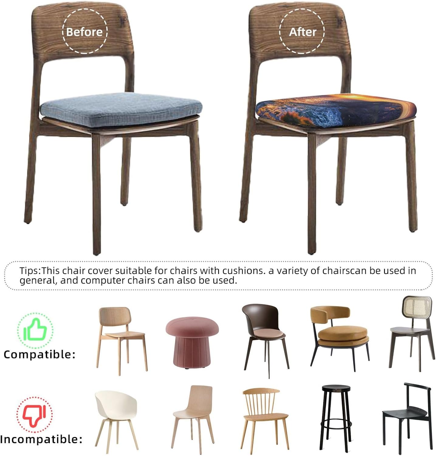 Ireland Sunset Seascape Print Square Cushion Covers 6 Pcs Set Elastic Non-Slip Seat Cushion Slipcovers Pet Furniture Protectors for Chair, Sofa