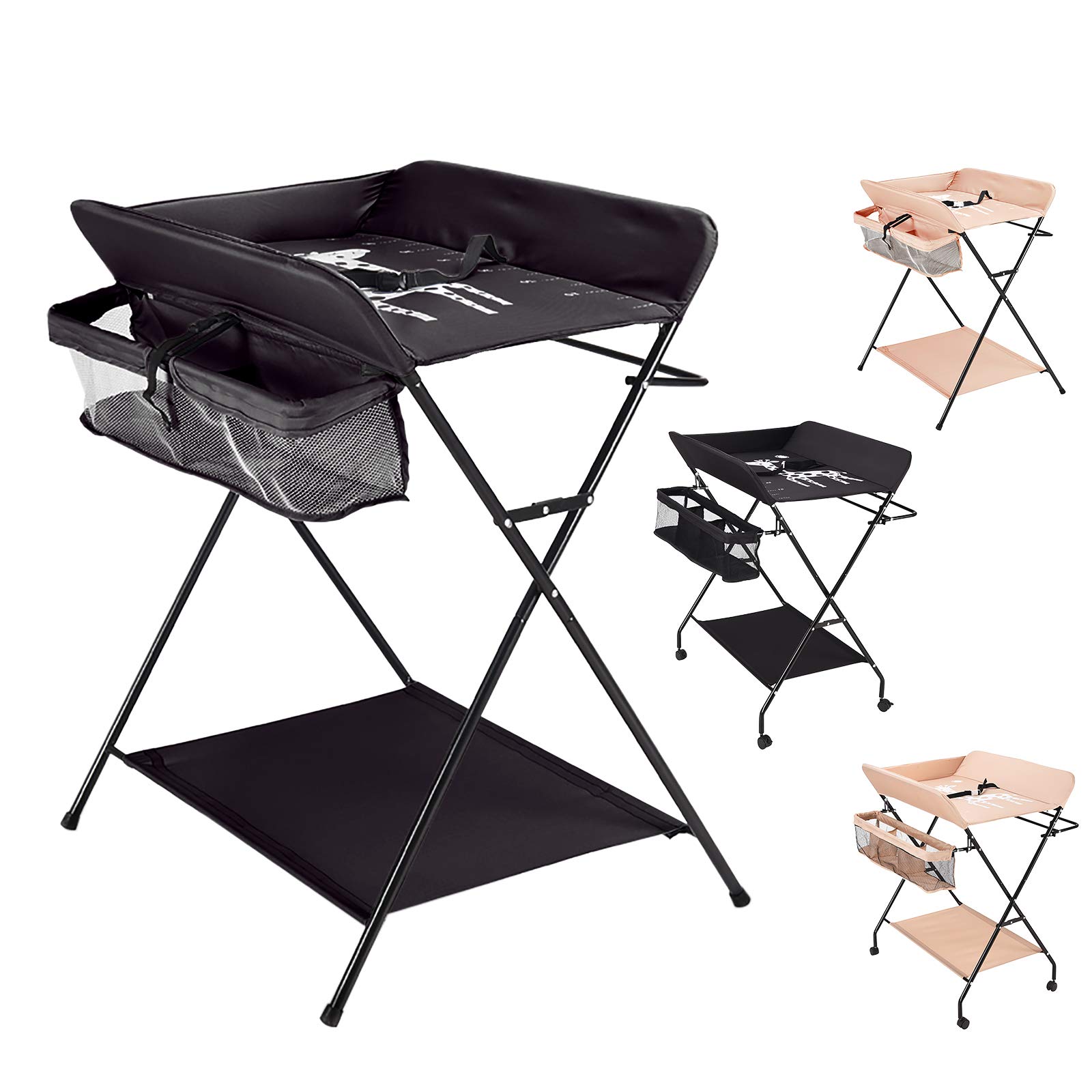Cambiador portátil, cambiador portátil, cambiador de pañales, cambiador plegable, con cinturón de seguridad y compartimentos de almacenamiento, ahorra espacio y estable (negro sin ruedas)