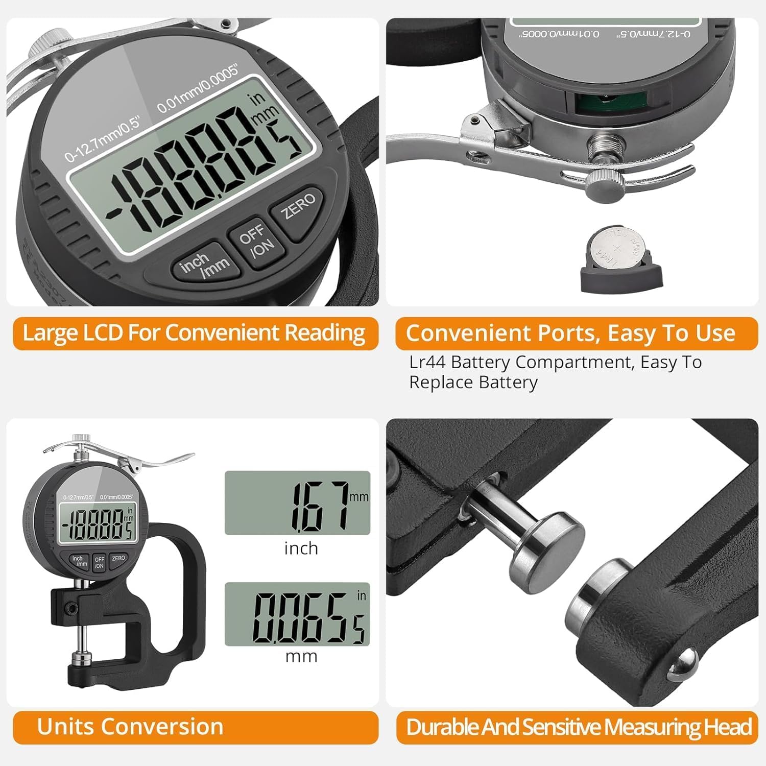 Corceptive Digital Thickness Gauge 0–12.7mm / 0.5 Inch Electronic Micrometer with Large LCD Display, 0.001mm High Precision, Inch/Metric Conversion, Portable Measuring Tool (12.7-0.001) 1