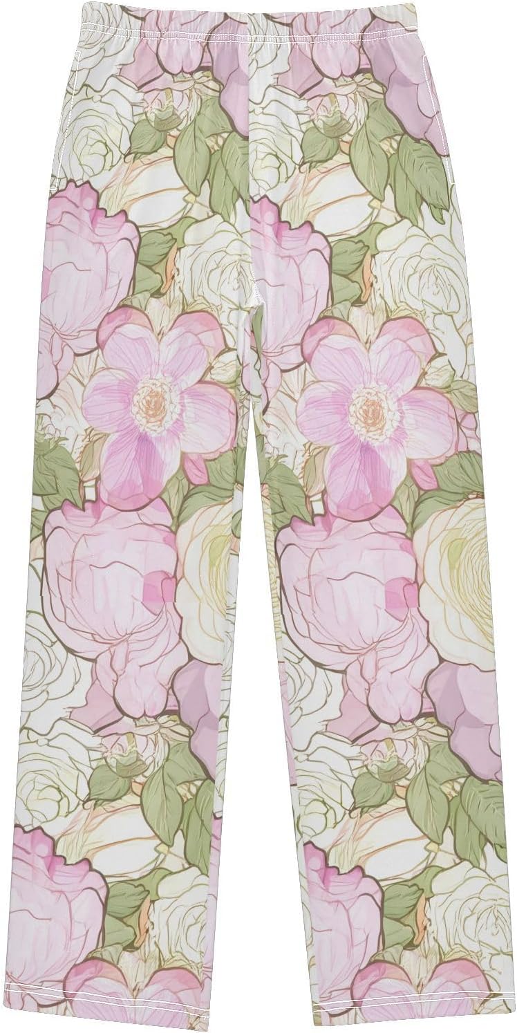J JOYSAY Rose Blossom Foliage White Pajamas Pants Soft Long Pajama Bottoms Lounge Sleep Pants Size S-XL