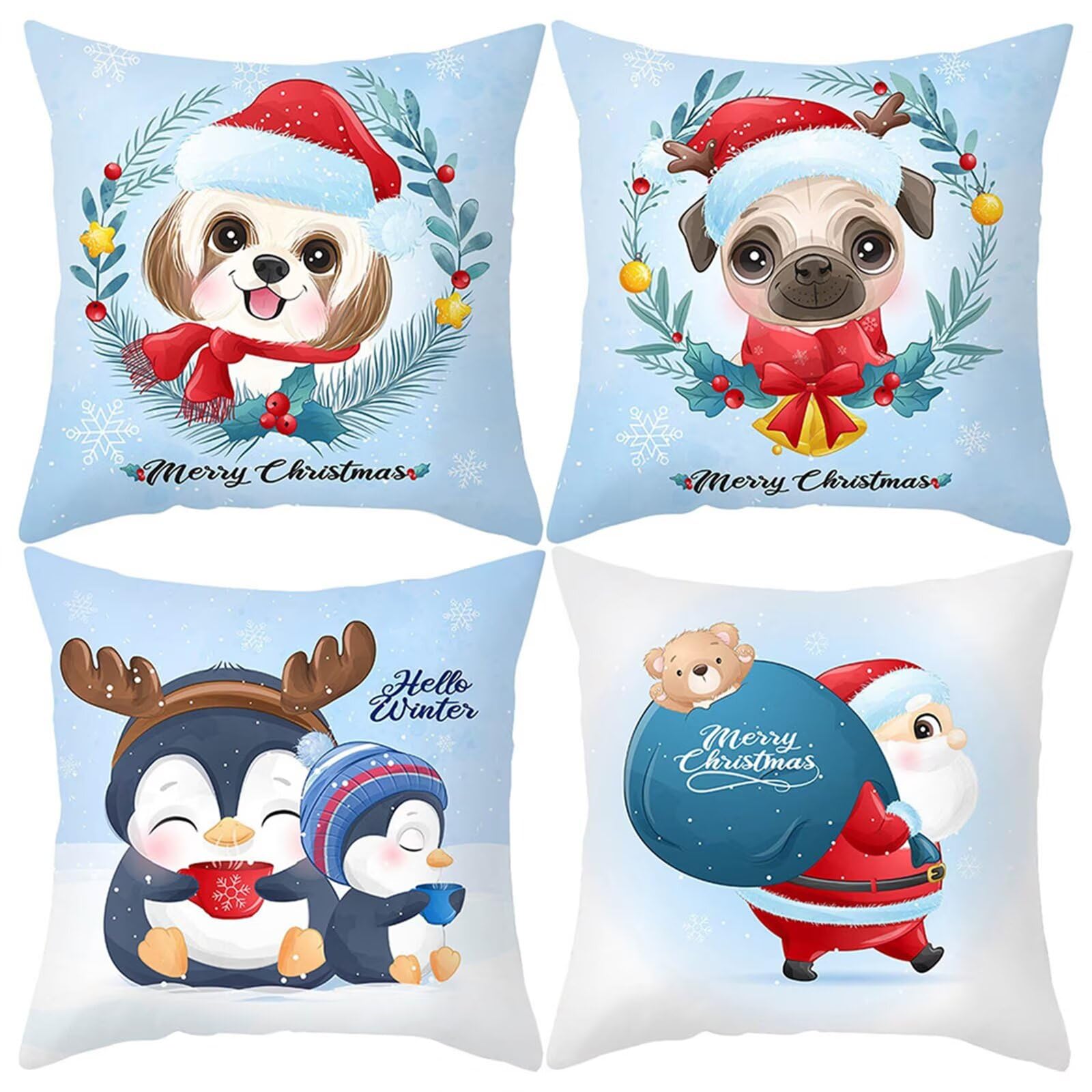 Juego de 4 Impermeable Funda de Cojín Lindo animal navideño,55x55cm Moderno Suave Transpirables Lino Fundas de Almohada Cojines Decorativos con Cremallera Oculta para Exterior Sofá Cama Coche Hogar