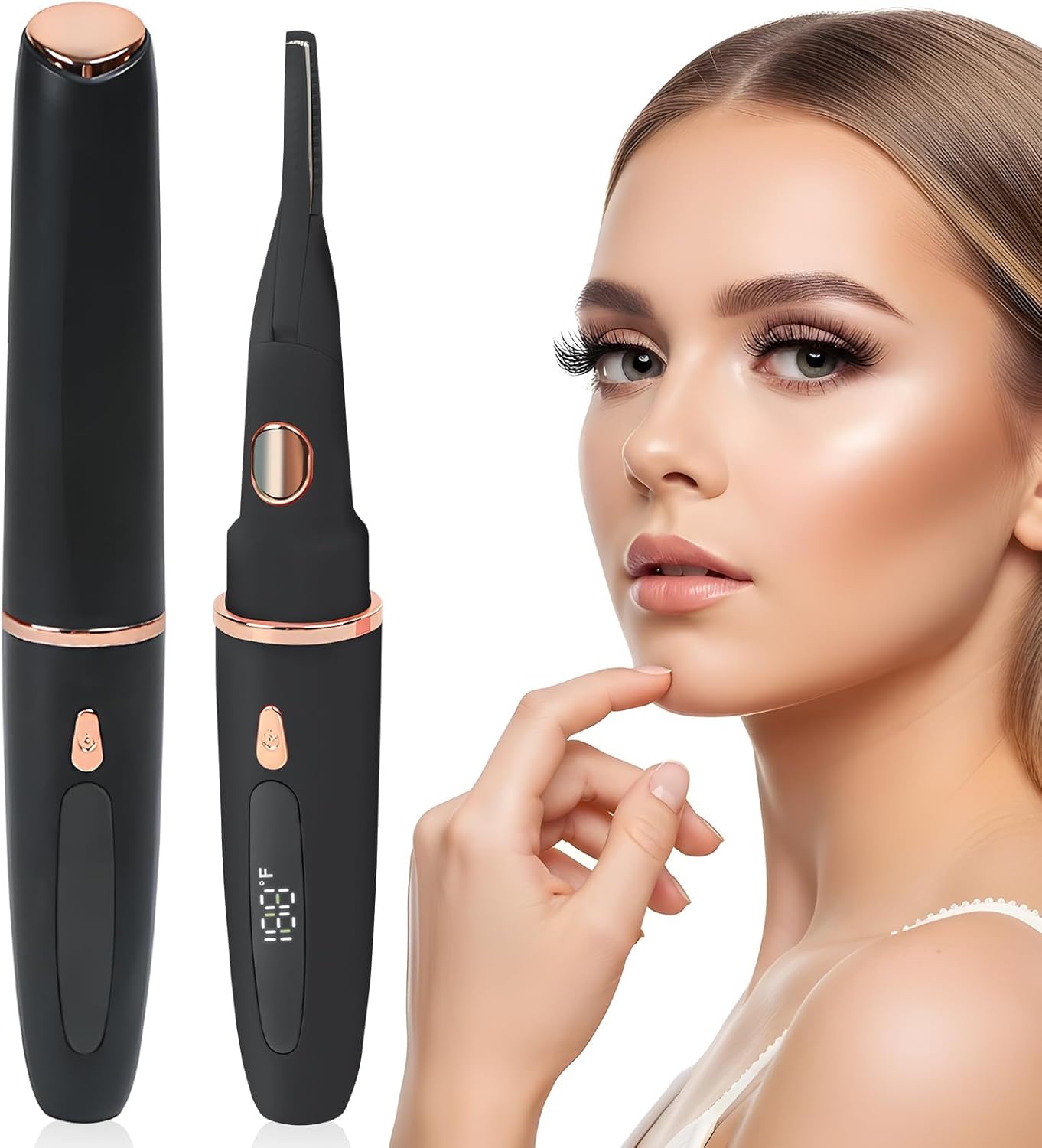 StrongHairStrongerPresence USB Rechargeable Heated Eyelash Curler: LED Display, 3 Temps, Safe Mini Curler for 24H Natural Lashes