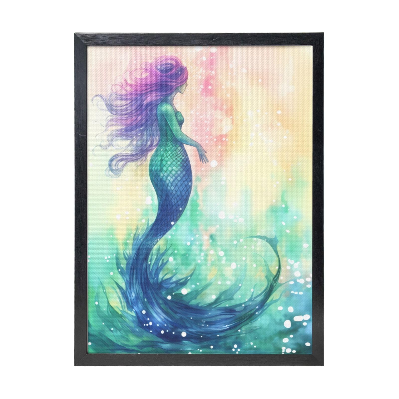 Framed Wall Art - Decorative Canvas Painting Beautiful Mermaid tail Pictures Poster Aesthetic Modern Prints Artwork for Bedroom Office Wall Decor Ready To Hang 12x16 in