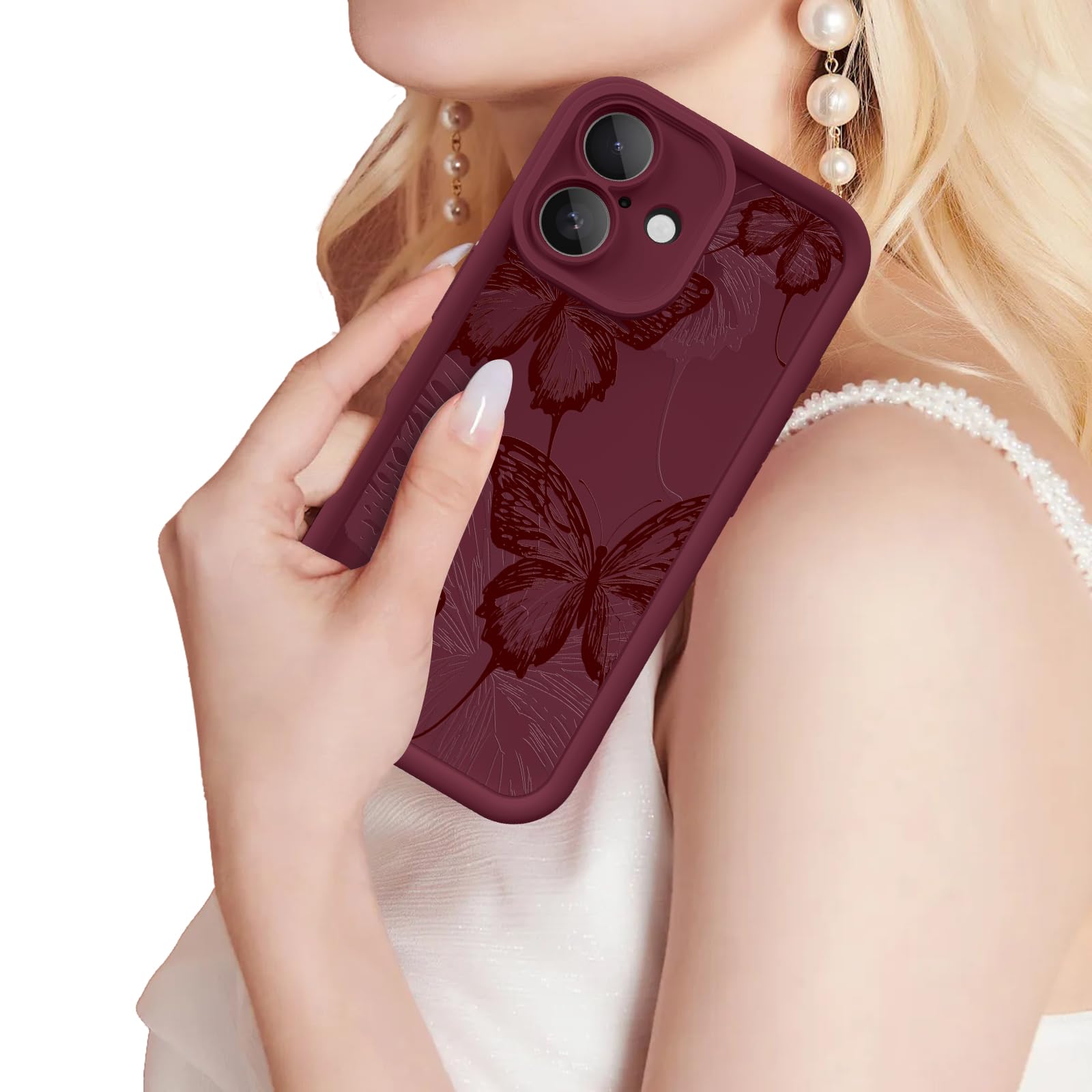 Custodia per iPhone 17, design creativo con motivo a farfalla, per ragazze e donne, in morbido silicone antiurto e antigraffio, cover per iPhone 17 (farfalla rossa bordeaux)
