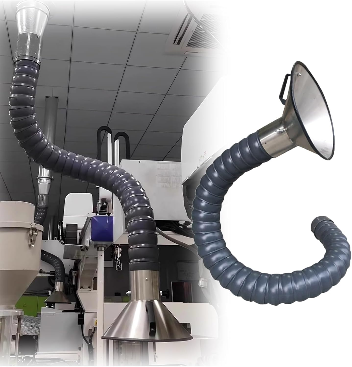 Flexible Fume Extractor Hose Articulated, Grey Duct Collector Arm with Stainless Steel Hood, Smoke Dust Exhaust Hose