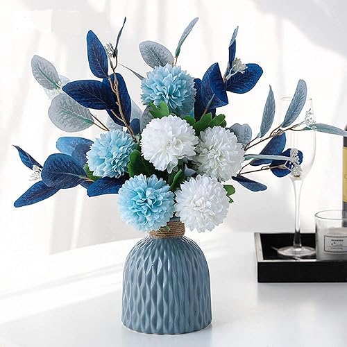 LNGODEHO Flores artificiales con jarrón de flores sintéticas para decoración de mesa, centros de mesa para comedor, color azul marino