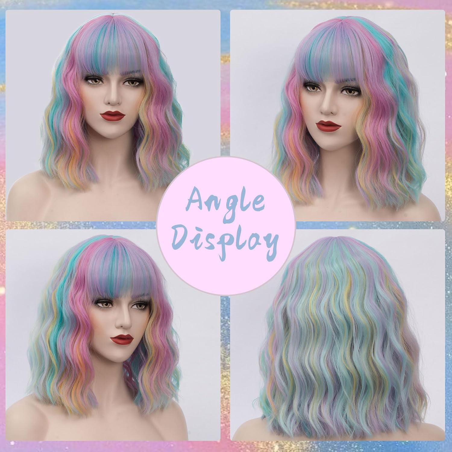 14" Short Rainbow Curly Wig For Women Girls Heat Resistant Fiber Wigs Halloween Cosplay Daily Party+Cap (Rainbow) - Image 3