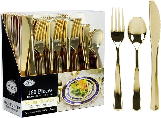 Plastic Cutlery Silverware Extra Heavyweight Disposable Flatware, Full Size Cutlery Combo, Polished Gold, 80 Forks, 40 Spoons, 40 Knifes, Value Pack 160 Count