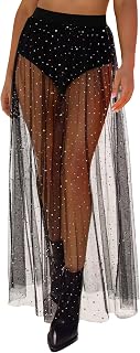 Damen Transparent Mesh Rock,2 in 1 Glitzer Maxi Röcke Mit Shorts,Hoher Taille Pailletten Tüllrock für Party Musikfestivals Karneval