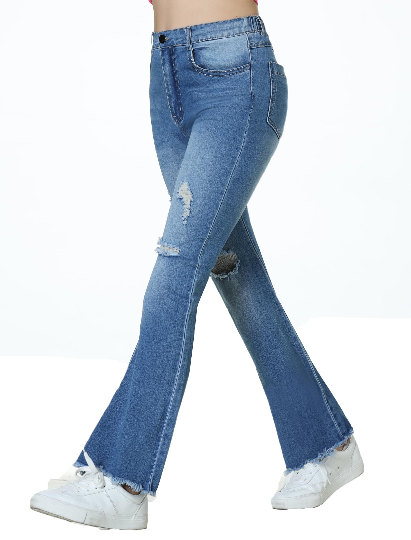 EXARUS Mädchen-Jeans, weites Bein/ausgestellt/Skinny Denim-Hose, zerrissen, hohe Taille, elastisches Band, leger, mit Taschen, Kinder 6–14 Jahre