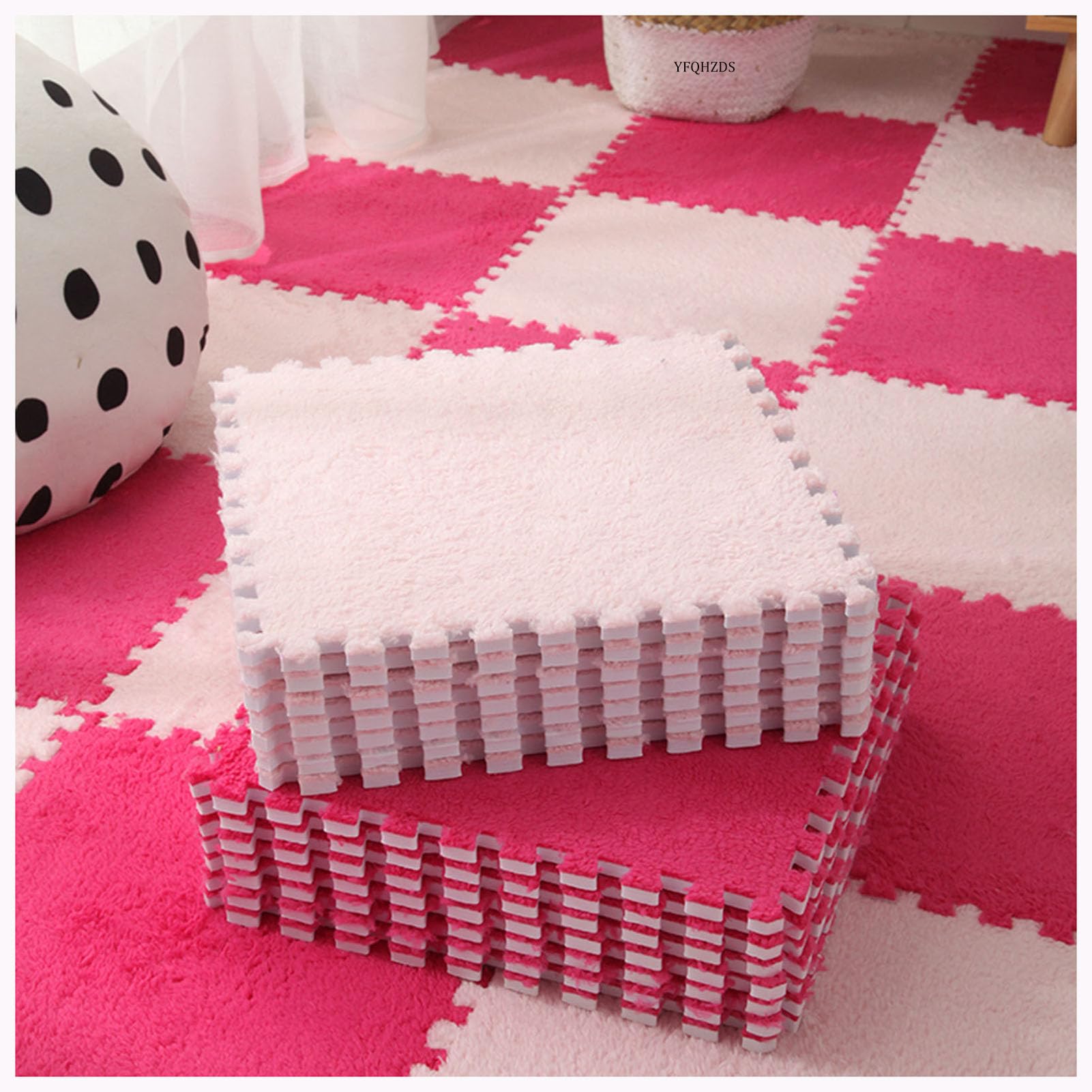 Puzzlematte Schaumstoff-Puzzle-Bodenmatte, ineinandergreifende Teppichfliesen aus Plüschschaum, 30 x cm, Mehrfarbig, Stück(Pink+Rose Red)