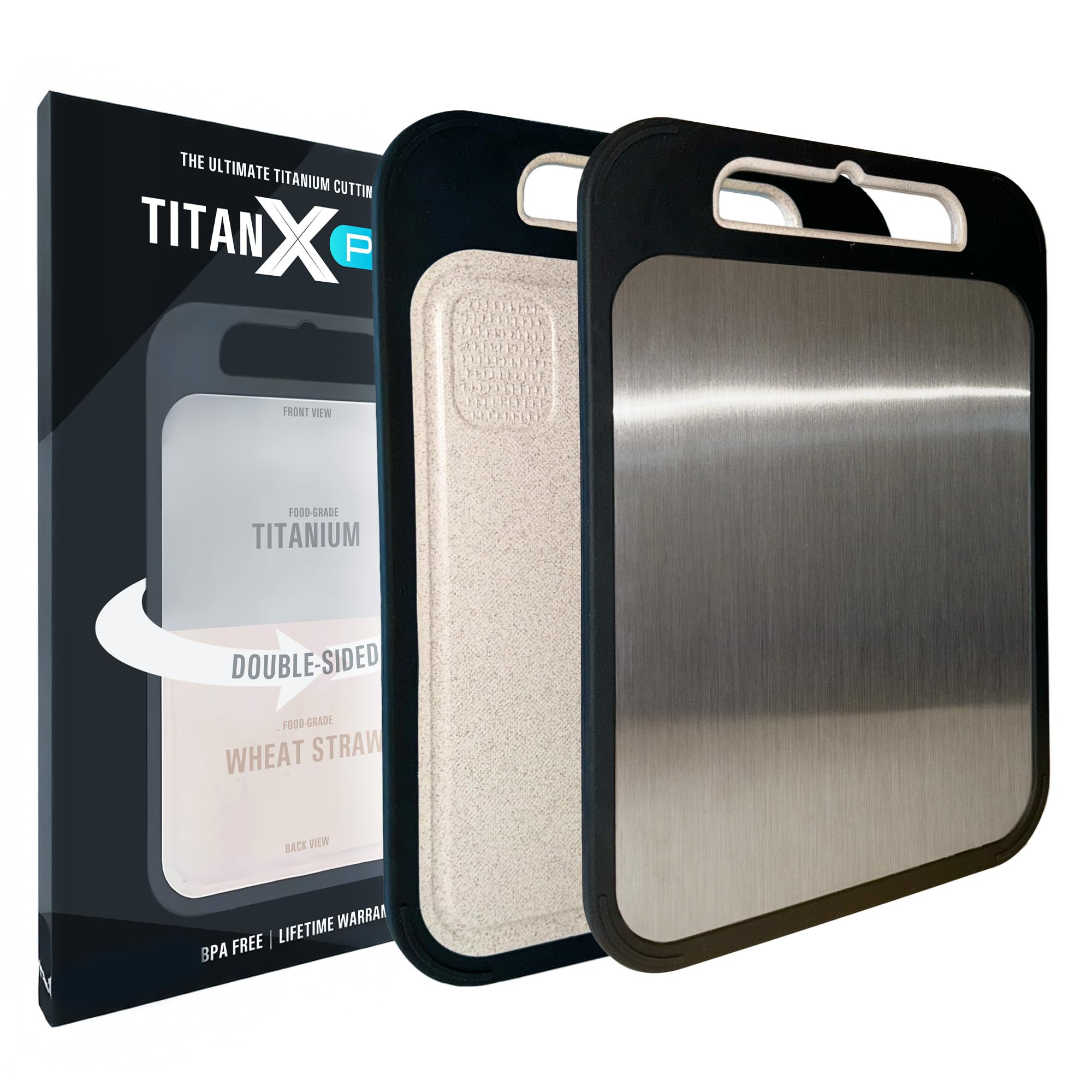 TitanX Pro Dual-Surface Titanium Cutting Board – One Side Titanium, Other Side Eco-Friendly Wheat Straw Surface for Versatility and Durability