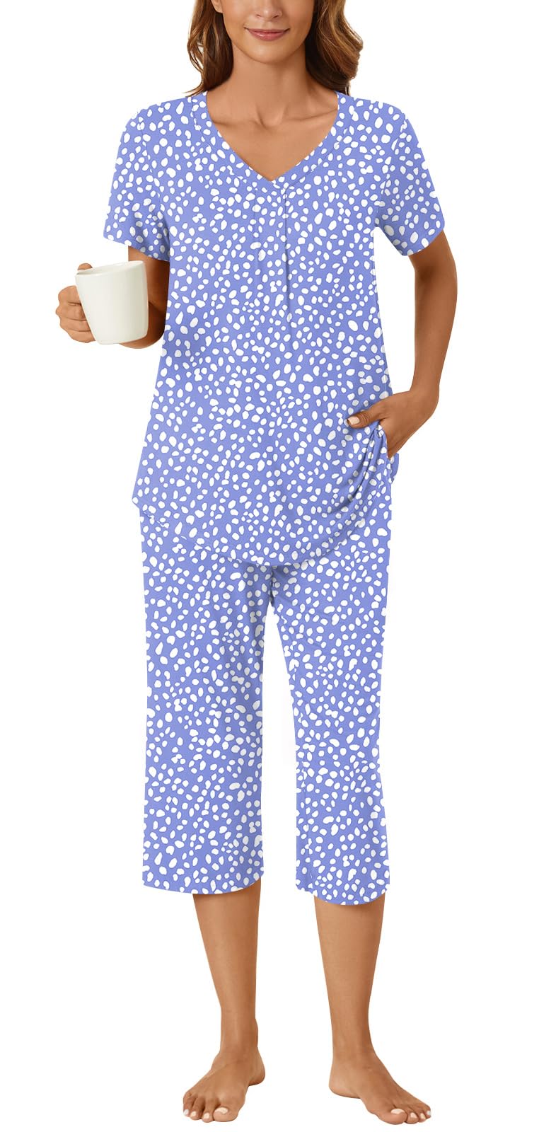 Bestbee Womens Pajama Sets 2 Piece Lounge Outfits Summer Sleepwear V Neck Short Sleeve Capri Pant With Pockets