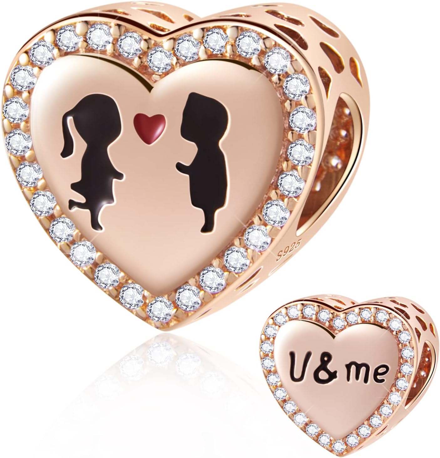 Rose Gold Couple I Love You Heart Charms, fits Pandora Valentines Bracelet, 925 Sterling Silver U and Me with CZ Couple Beads, Gifts for Wife/Husband