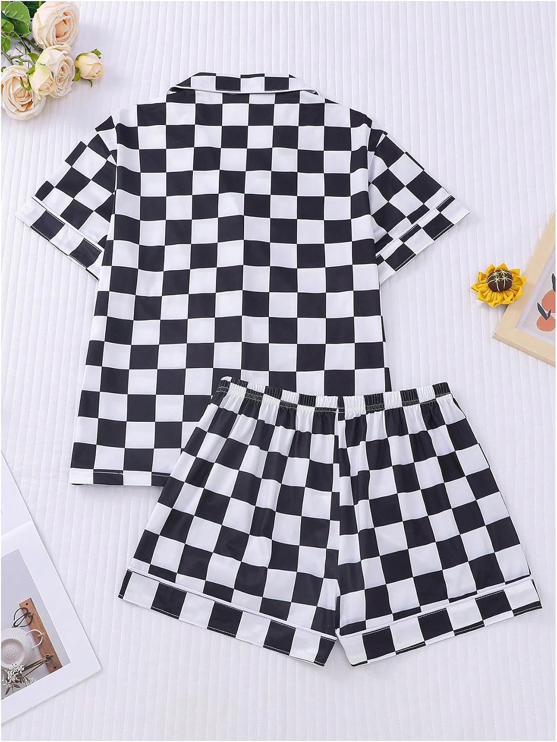 WDIRARA Women's Plaid Checkered Pajama Set Short Sleeve Button Down Short Pjs Set Loungewear Sets