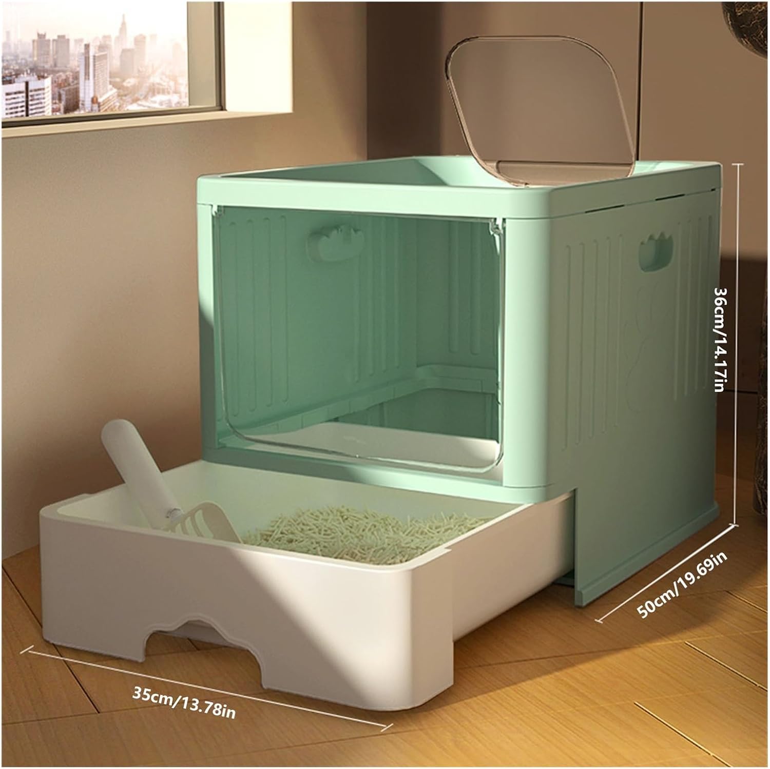 Litterbox Cat Litter Box with Handy Litter Scoop, Large Top Entry Anti-Splashing Litter Box with Lid, Enclosed Plastic Cat Litter Box, Drawer Type Cat Toilet Cat Litter Tray(Gris)