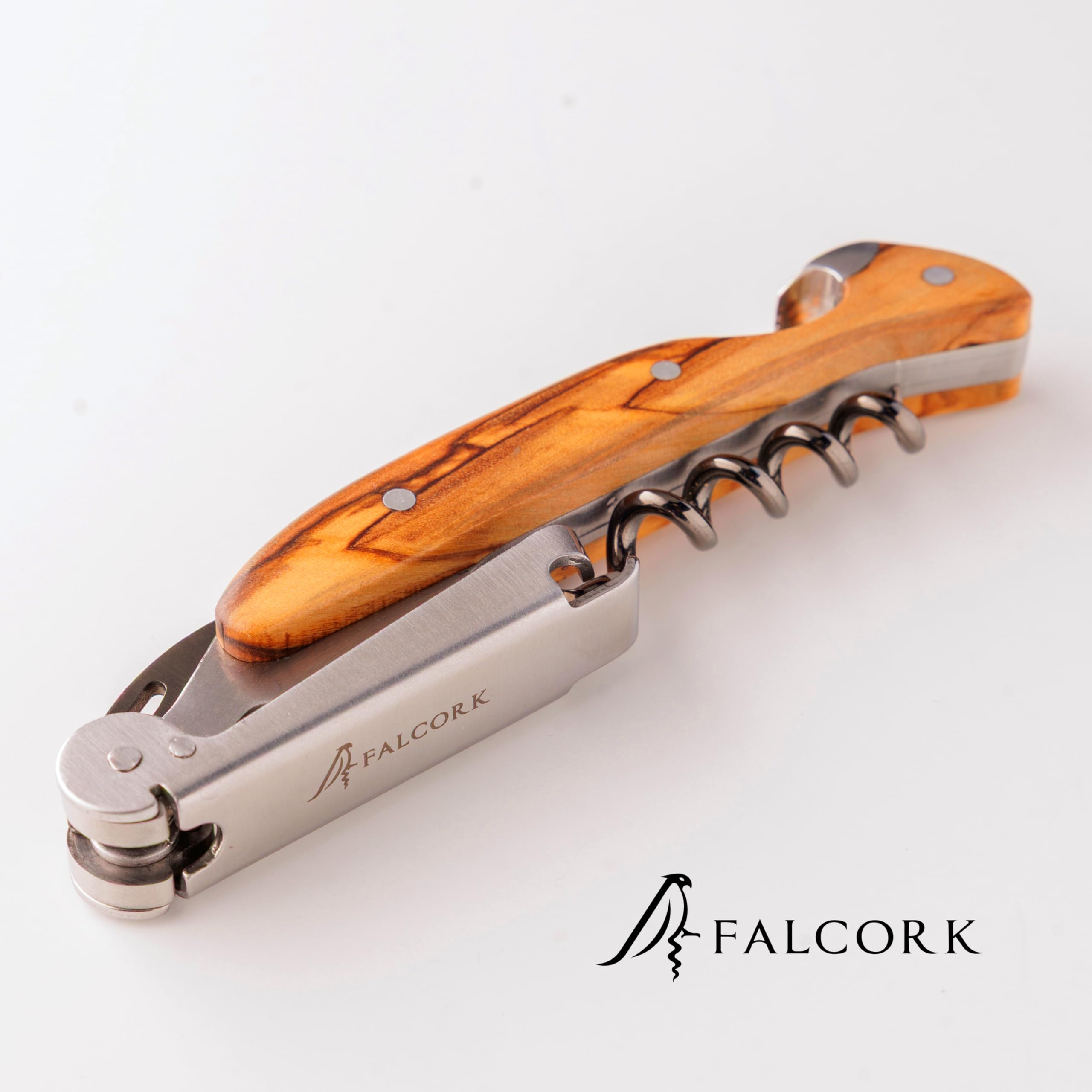 Limonadier pour Professionnels FALCORK® 144 Efficacité – Tire-Bouchon à Une Étape pour Usage Intensif en Hôtellerie-Restauration avec Hélice Marquée, Décapsuleur Intégré et Manche en Bois d’Olivier