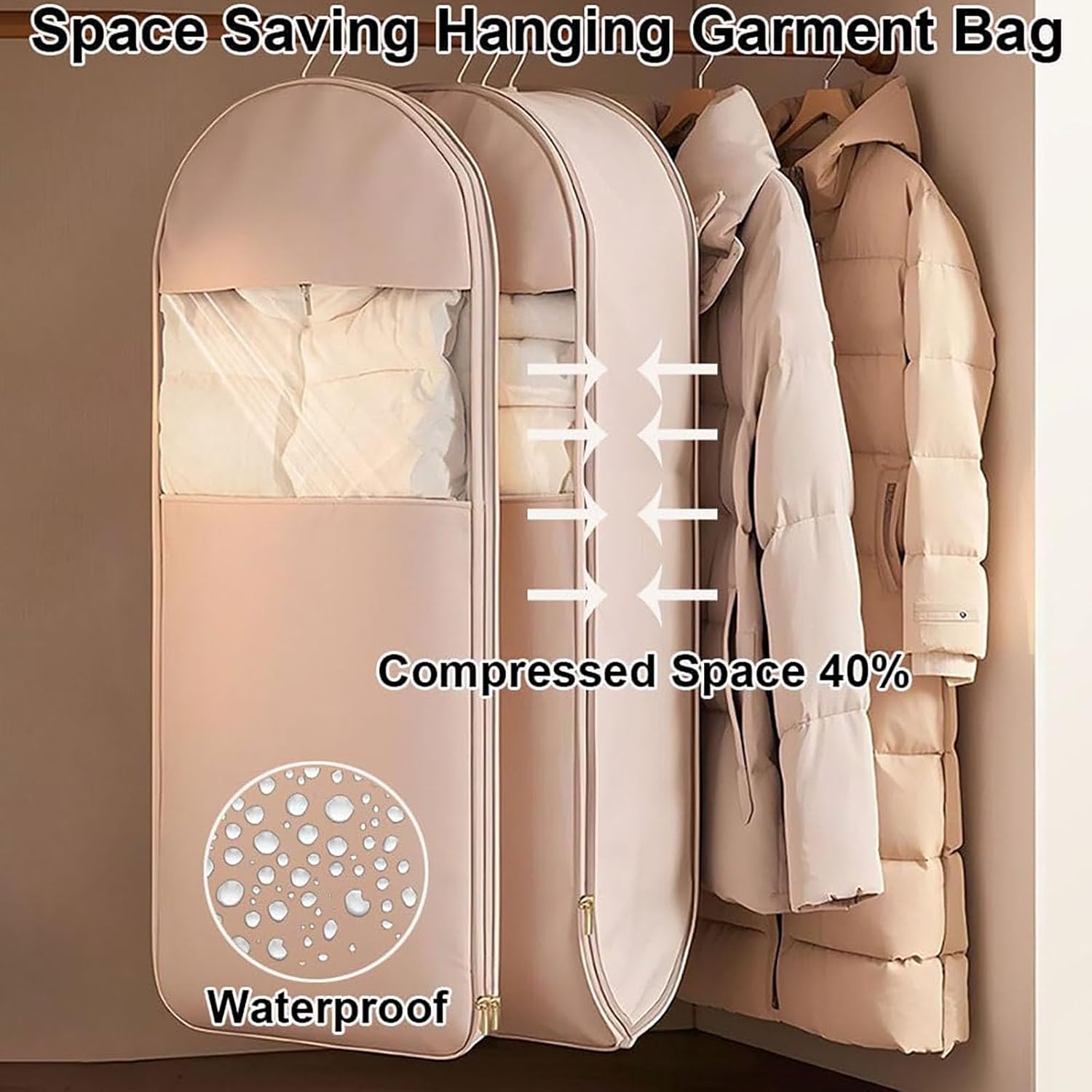 Space Saving Hanging Garment Bag with Self Compression Zipper, Space Saver Closet Organizers, Travel Bags with Hanger, Dust Cover Clothes Bags for Down Coat (3 Beige, Large)